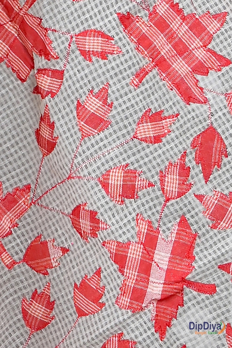 White Red Cotton Variti Aplic Applique Saree (610)